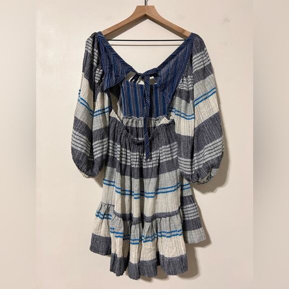 FREE PEOPLE  Cozy Stripe Mini Dress Oversized Babydoll Boho Coastal Peasant sz M - Picture 7 of 14